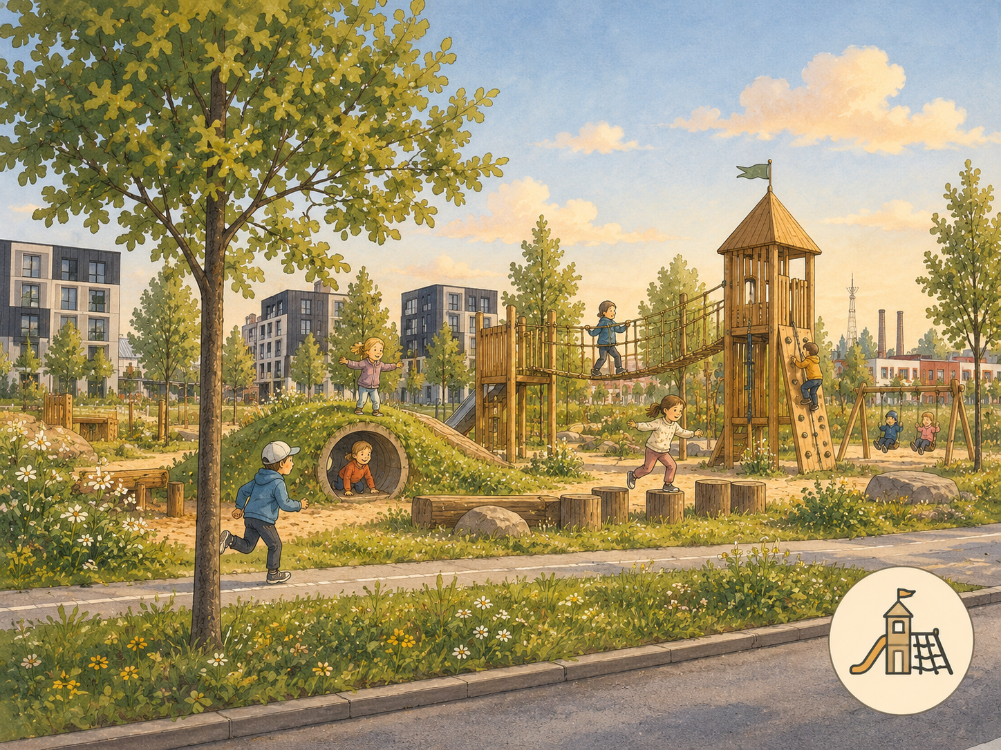 An open area in Uus Veerenni imagined as a spacious fantasy-inspired playground with climbing structures, natural play elements and children playing outdoors.
