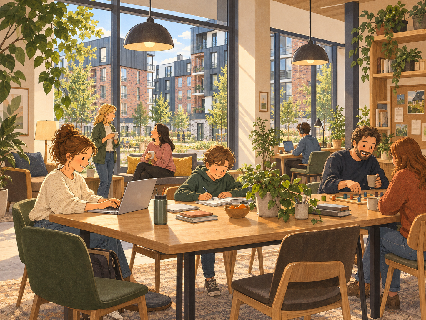 A welcoming shared neighbourhood space in Uus Veerenni where residents work on laptops, study, do homework, play board games and spend time together.
